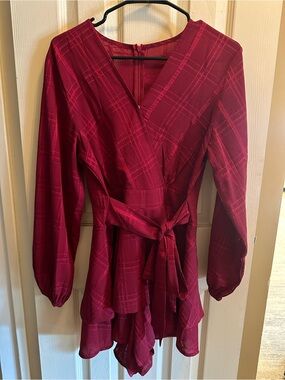 Wine Red Plaid V-Neck Long Sleeve Romper
